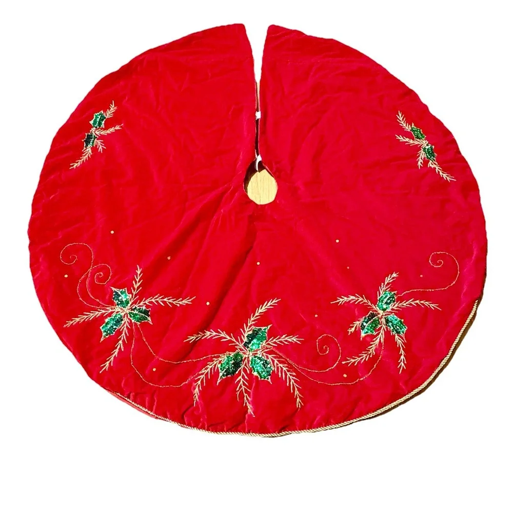 Christmas Tree‎ Skirt VTG Sequin Holly Leaves Embroidery Velor Red 47 Inches